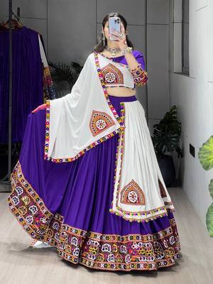 PURPLE WHITE RAYON COTTON EMBROIDERY NAVRATRI TOP CHANIYA CHOLI- full stitched free size 3