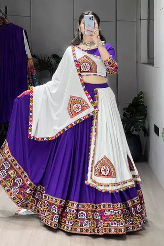 PURPLE WHITE RAYON COTTON EMBROIDERY NAVRATRI TOP CHANIYA CHOLI- full stitched free size