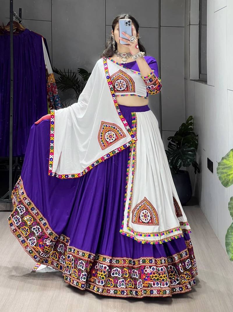 PURPLE WHITE RAYON COTTON EMBROIDERY NAVRATRI TOP CHANIYA CHOLI- full stitched free size