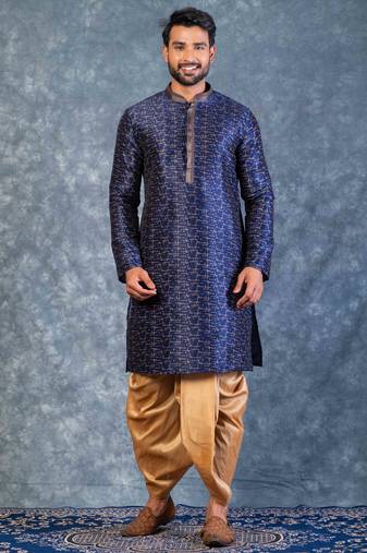 navy blue  kurta dhoti  set for men with embroidered work