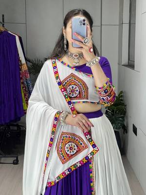 PURPLE WHITE RAYON COTTON EMBROIDERY NAVRATRI TOP CHANIYA CHOLI- full stitched free size 4