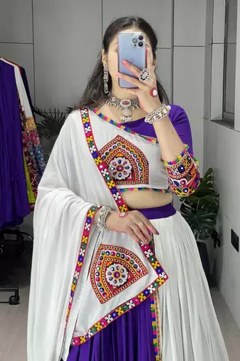 PURPLE WHITE RAYON COTTON EMBROIDERY NAVRATRI TOP CHANIYA CHOLI- full stitched free size