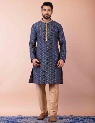 navy blue dupion kurta pyjama set for men with solid design 1