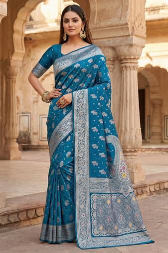 Teal soft silk blend saree with zari weaving meenakari design