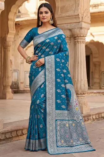 Teal soft silk blend saree with zari weaving meenakari design
