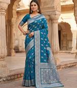 Teal soft silk blend saree with zari weaving meenakari design