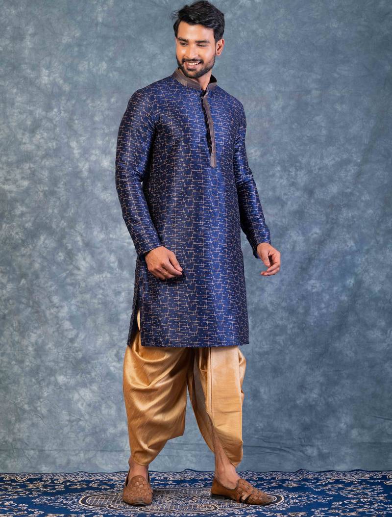 navy blue  kurta dhoti  set for men with embroidered work