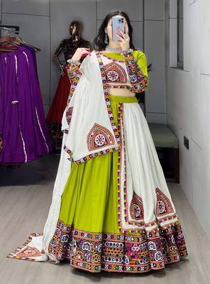 GREEN WHITE RAYON COTTON EMBROIDERY NAVRATRI TOP CHANIYA CHOLI- full stitched free size 1
