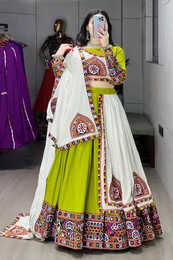 GREEN WHITE RAYON COTTON EMBROIDERY NAVRATRI TOP CHANIYA CHOLI- full stitched free size