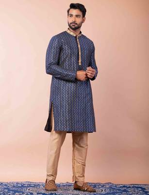 navy blue dupion kurta pyjama set for men with solid design 2