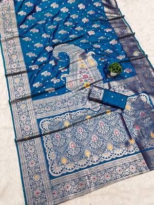 Teal soft silk blend saree with zari weaving meenakari design 2