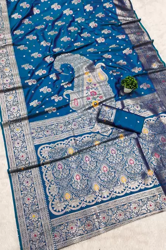 Teal soft silk blend saree with zari weaving meenakari design