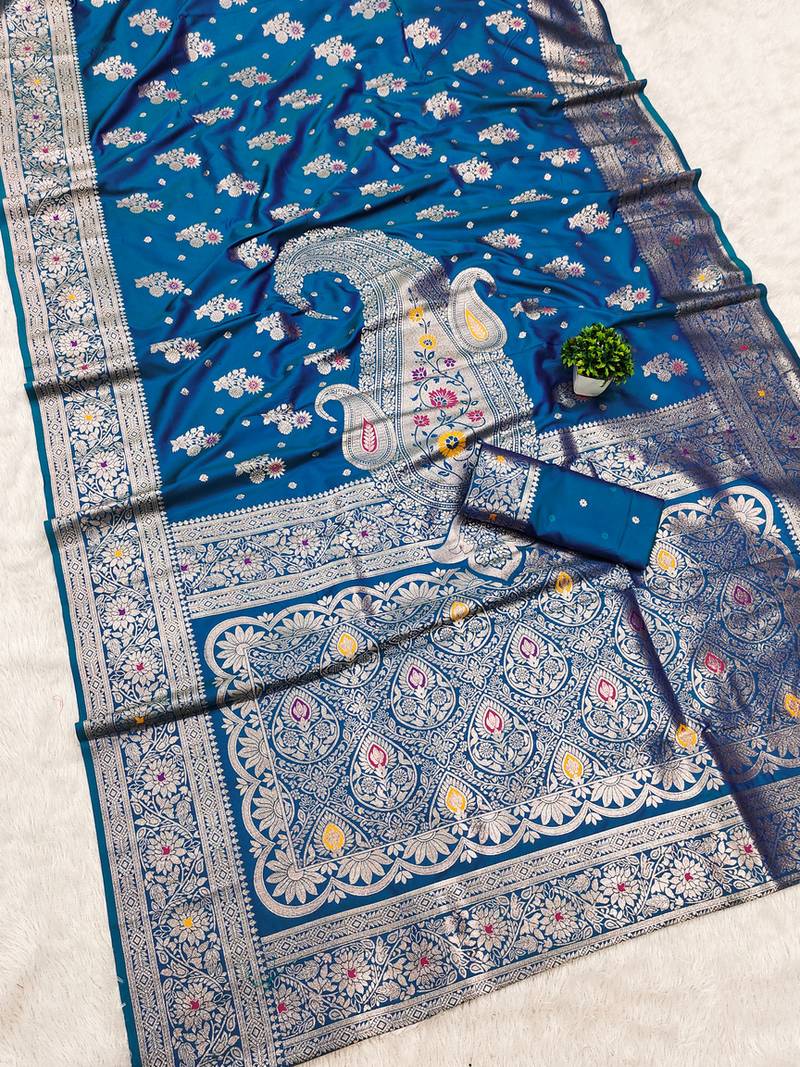 Teal soft silk blend saree with zari weaving meenakari design