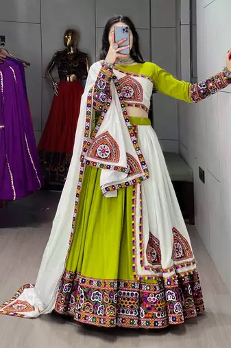 GREEN WHITE RAYON COTTON EMBROIDERY NAVRATRI TOP CHANIYA CHOLI- full stitched free size