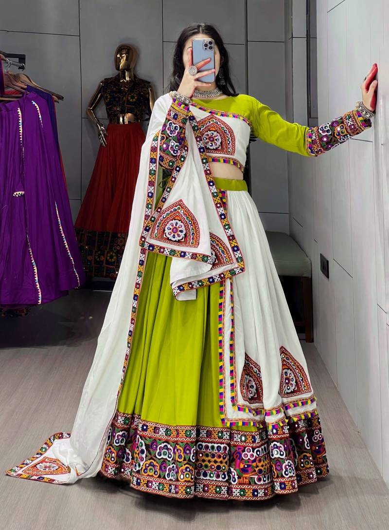 GREEN WHITE RAYON COTTON EMBROIDERY NAVRATRI TOP CHANIYA CHOLI- full stitched free size