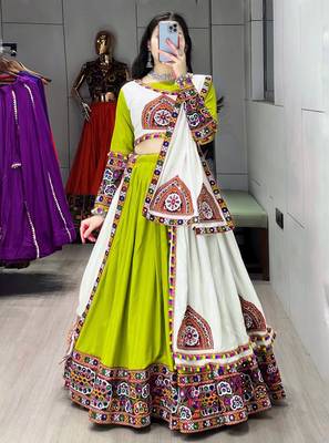 GREEN WHITE RAYON COTTON EMBROIDERY NAVRATRI TOP CHANIYA CHOLI- full stitched free size 3