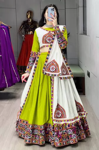 GREEN WHITE RAYON COTTON EMBROIDERY NAVRATRI TOP CHANIYA CHOLI- full stitched free size