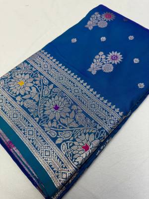 Teal soft silk blend saree with zari weaving meenakari design 3