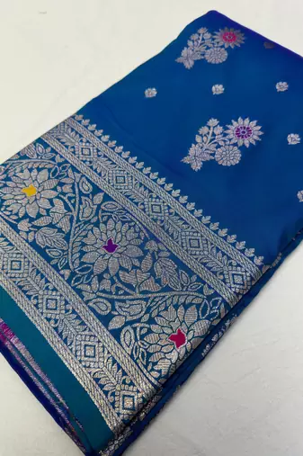 Teal soft silk blend saree with zari weaving meenakari design