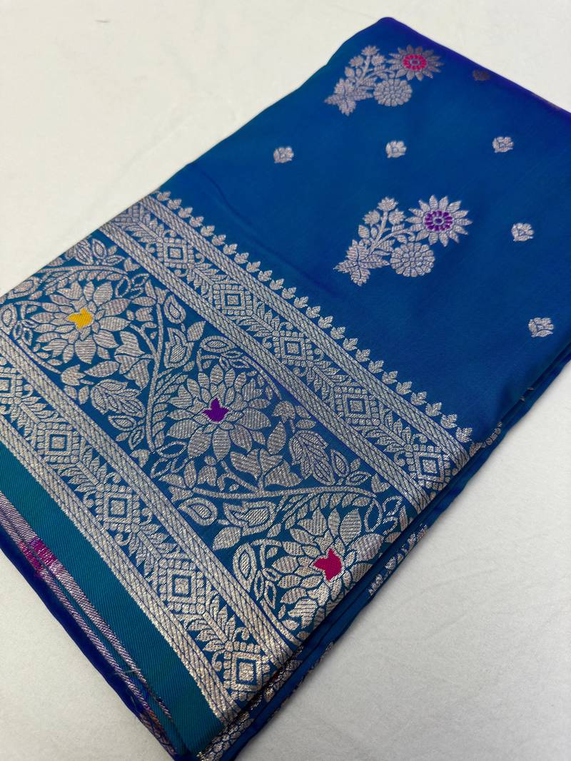 Teal soft silk blend saree with zari weaving meenakari design