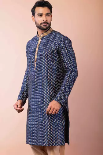navy blue dupion kurta pyjama set for men with solid design