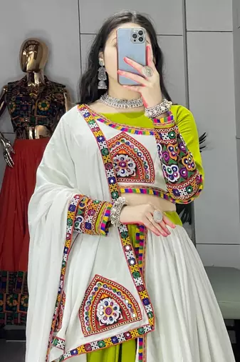 GREEN WHITE RAYON COTTON EMBROIDERY NAVRATRI TOP CHANIYA CHOLI- full stitched free size