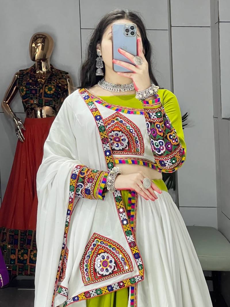 GREEN WHITE RAYON COTTON EMBROIDERY NAVRATRI TOP CHANIYA CHOLI- full stitched free size