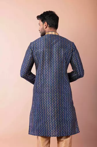 navy blue dupion kurta pyjama set for men with solid design