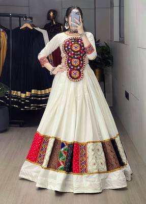 OFF WHITE RAYON COTTON EMBROIDERY NAVRATRI TOP CHANIYA CHOLI- full stitched free size 1