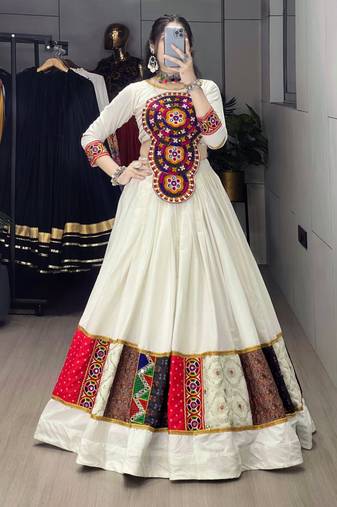 OFF WHITE RAYON COTTON EMBROIDERY NAVRATRI TOP CHANIYA CHOLI- full stitched free size
