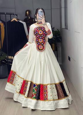 OFF WHITE RAYON COTTON EMBROIDERY NAVRATRI TOP CHANIYA CHOLI- full stitched free size 2