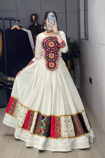 OFF WHITE RAYON COTTON EMBROIDERY NAVRATRI TOP CHANIYA CHOLI- full stitched free size