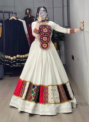 OFF WHITE RAYON COTTON EMBROIDERY NAVRATRI TOP CHANIYA CHOLI- full stitched free size 3
