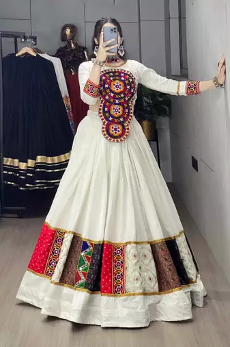 OFF WHITE RAYON COTTON EMBROIDERY NAVRATRI TOP CHANIYA CHOLI- full stitched free size