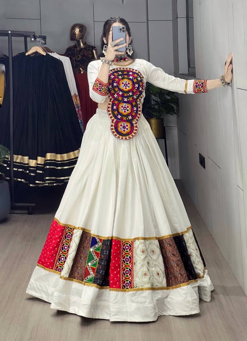 OFF WHITE RAYON COTTON EMBROIDERY NAVRATRI TOP CHANIYA CHOLI- full stitched free size