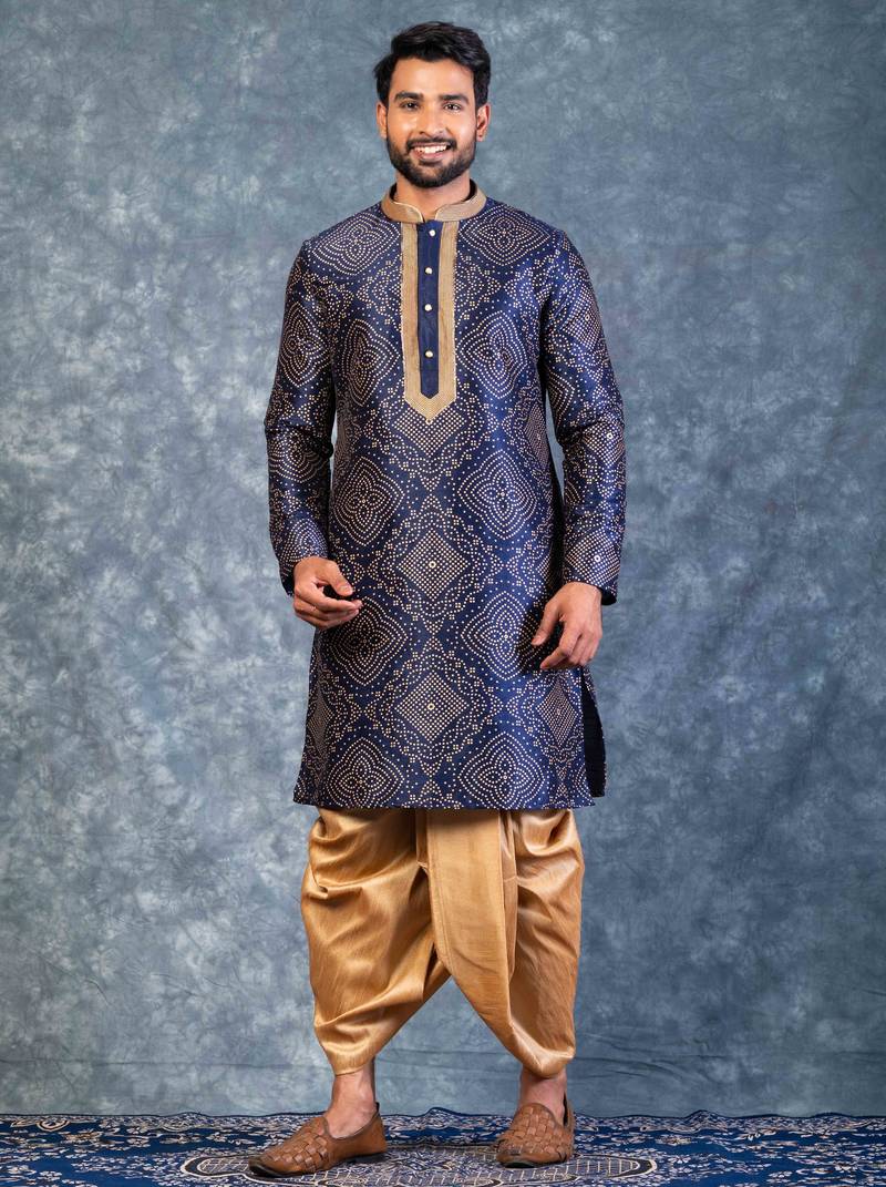 navy blue  kurta dhoti  set for men with embroidered work