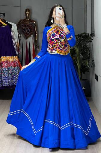BLUE RAYON COTTON EMBROIDERY  SEMI STICHED NAVRATRI  TOP CHANIYA CHOLI FULL STICHED FREE SIZE UP TO 42