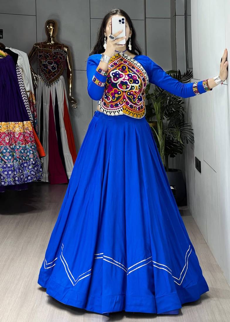 BLUE RAYON COTTON EMBROIDERY  SEMI STICHED NAVRATRI  TOP CHANIYA CHOLI
