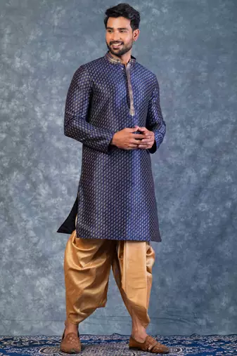 navy blue  kurta dhoti  set for men with embroidered work