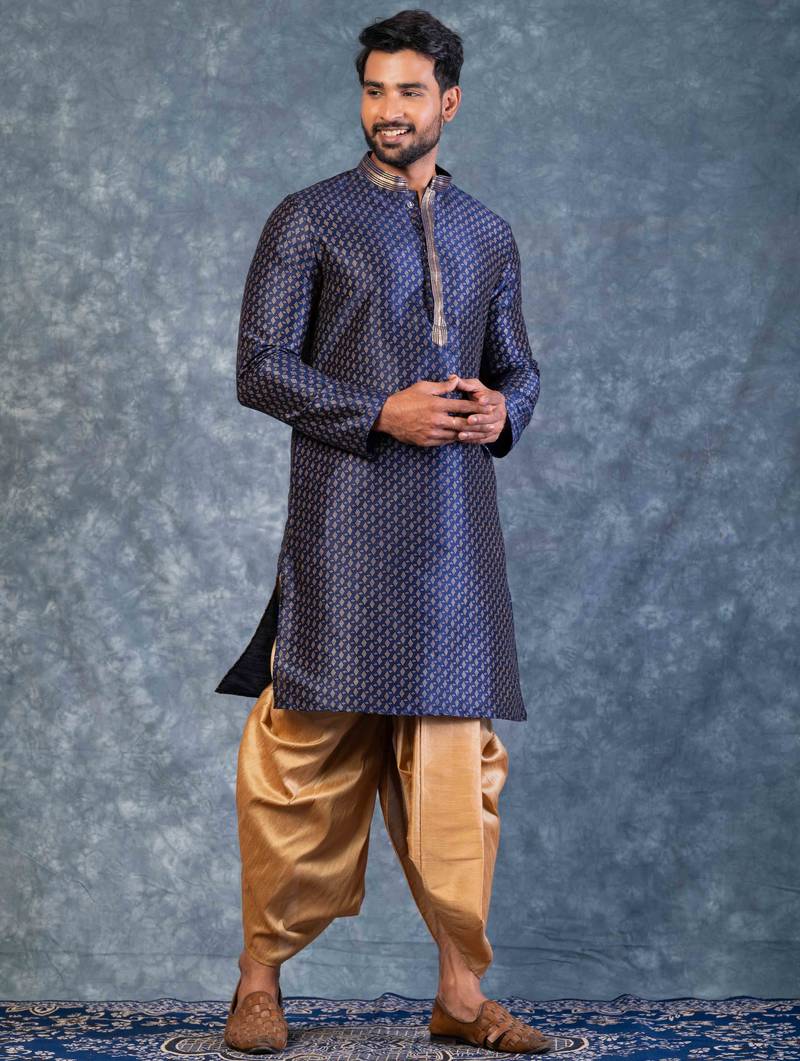 navy blue  kurta dhoti  set for men with embroidered work
