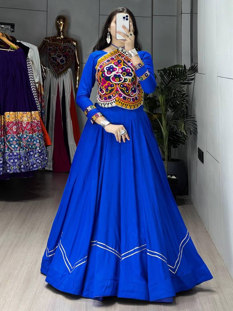 BLUE RAYON COTTON EMBROIDERY  SEMI STICHED NAVRATRI  TOP CHANIYA CHOLI