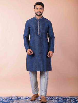 navy blue dupion kurta pyjama set for men with solid design 1