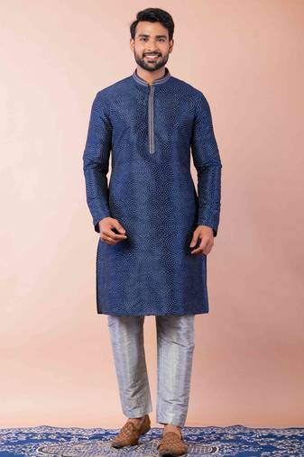 navy blue dupion kurta pyjama set for men with solid design