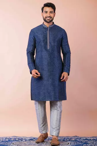 navy blue dupion kurta pyjama set for men with solid design