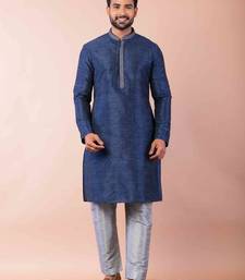 navy blue dupion kurta pyjama set for men with solid design