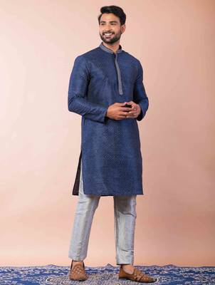 navy blue dupion kurta pyjama set for men with solid design 2