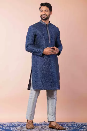 navy blue dupion kurta pyjama set for men with solid design