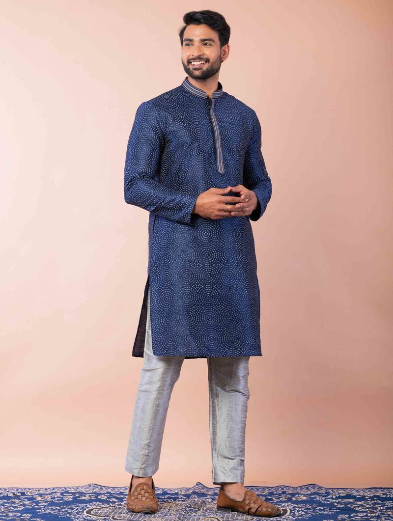 navy blue dupion kurta pyjama set for men with solid design