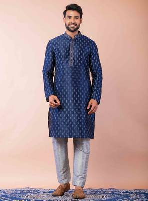 navy blue dupion kurta pyjama set for men with solid design 1