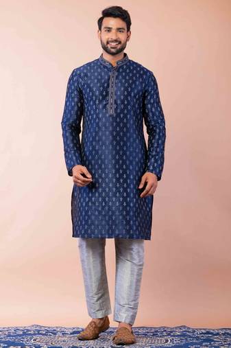 navy blue dupion kurta pyjama set for men with solid design